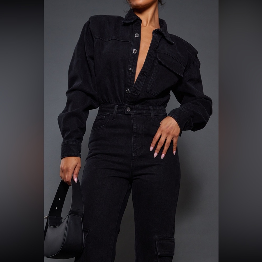 PrettyLittleThing Black Cargo Pocket Shoulder Padded Denim Jumpsuit - SZ 12